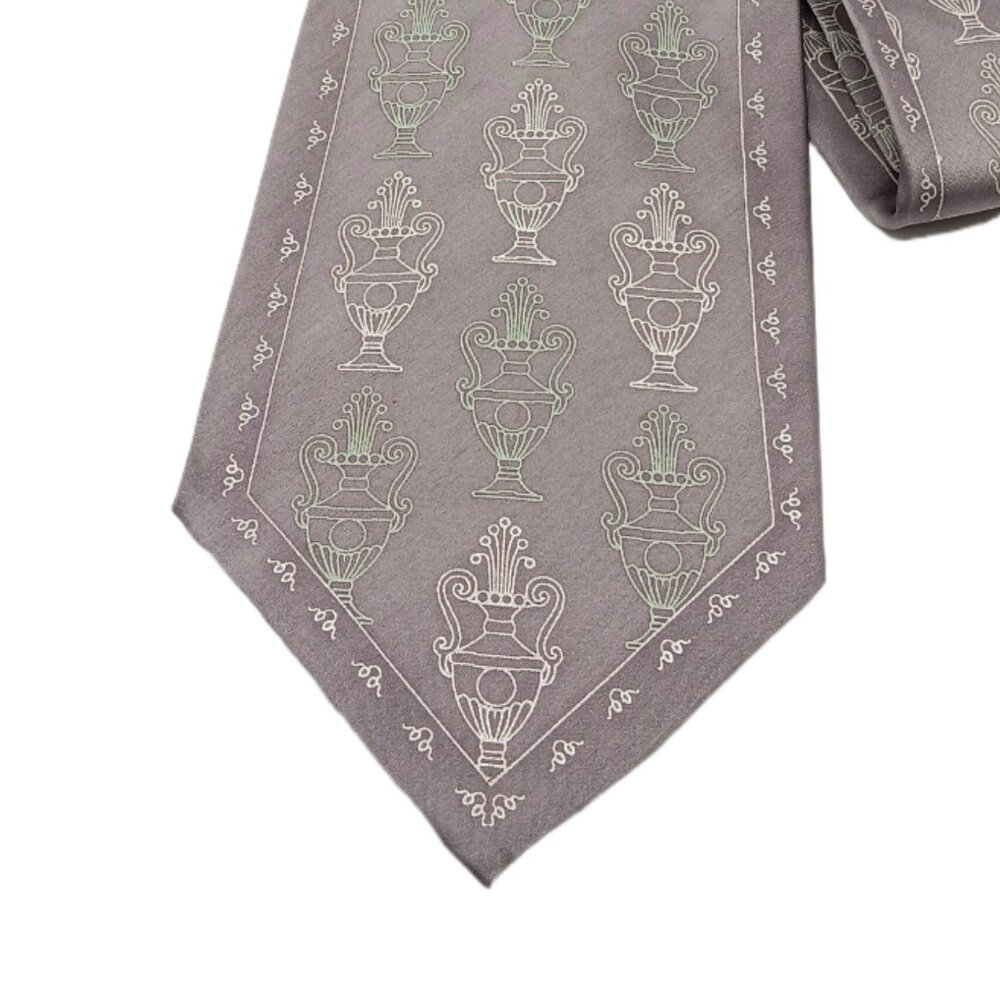 Bello Uomo Silk Tie Men’s 61” Gray Green Novelty Trophy Vase Ornate Wide New
